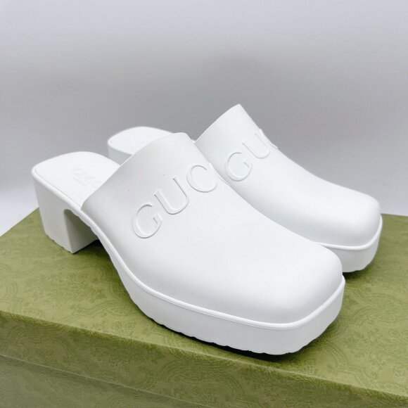 Gucci Logo Rubber Platform Heel Clogs Mules Slip On 725899 White Wms EU 39 US 9 - Picture 2 of 13